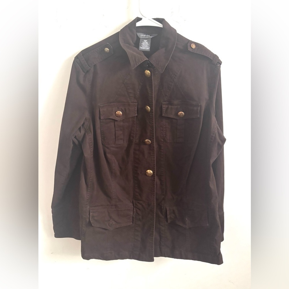 George Me Womens Jacket Chocolate Brown Sz 16W Chore Utility Gold Button Epaulet